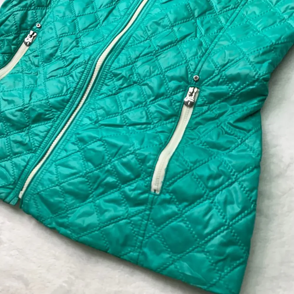 Laundry Shelli Segal Sz M Turquoise Teal Quilted Thin Puffer Vest Full Zip Hood